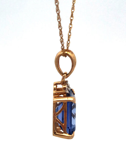 Designer 10K Yellow Gold Emerald Shaped Ceylon Sapphire Diamond Accent Necklace