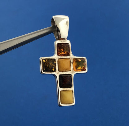 Vintage Poland Sterling Silver Baltic Amber Religious Communion Cross Pendant