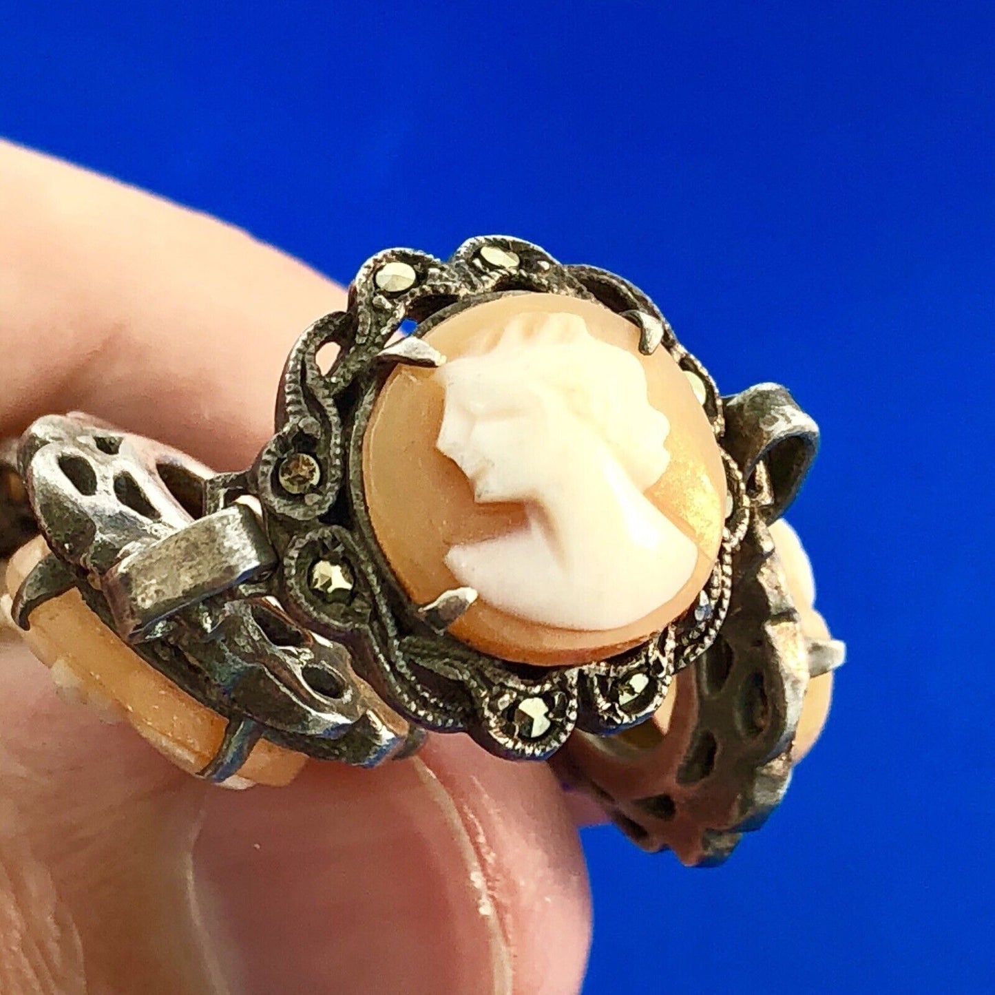 Art Deco Sterling Silver 925 Carved Cameo Marcasite Accented Panel Bracelet