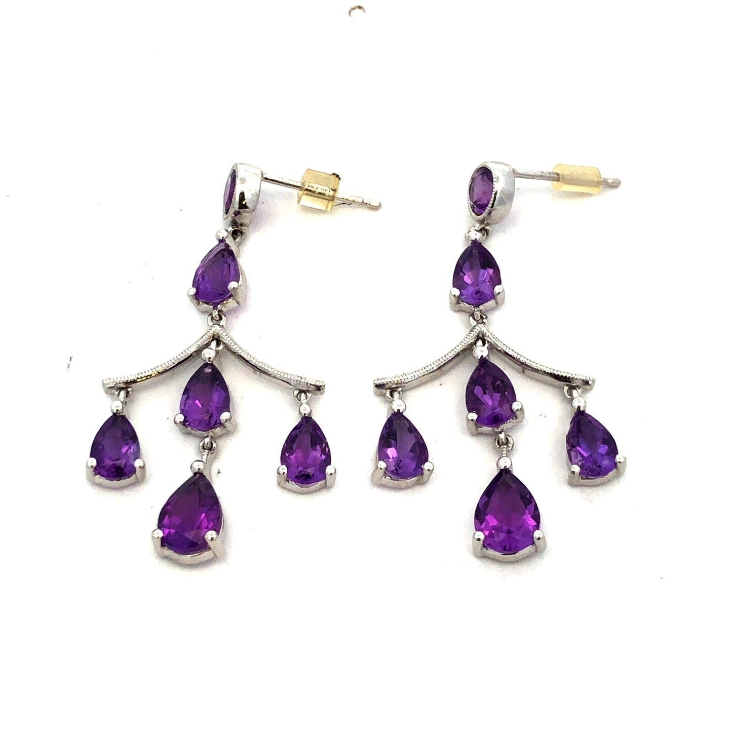 14K White Gold Designer Pear Round Amethyst Chandelier Stud Dangle Earrings