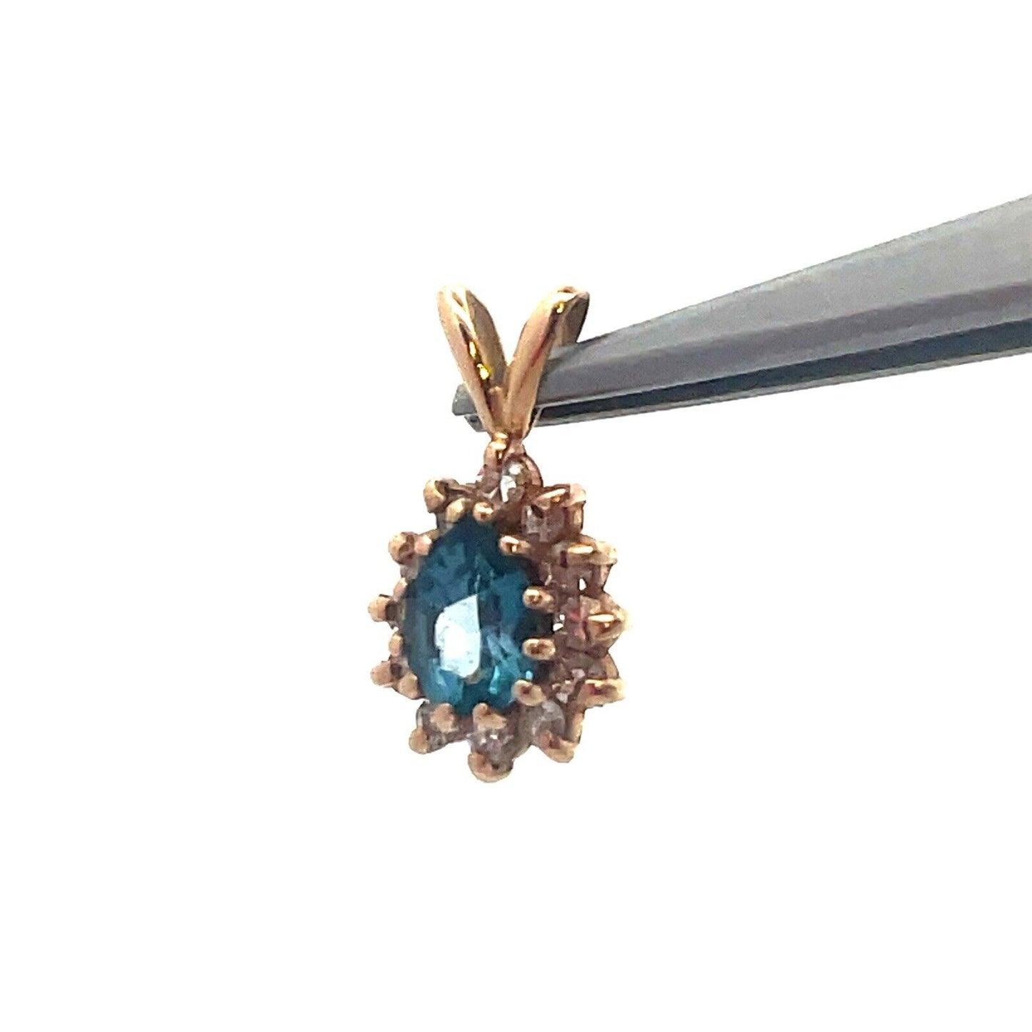 Estate 14k Yellow Gold Pear Blue Topaz Diamond Halo Pendant