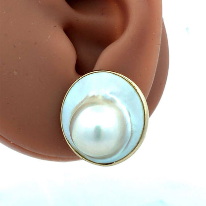 Designer 14K Yellow Gold Mabe Pearl Round Statement Dome Stud Earrings