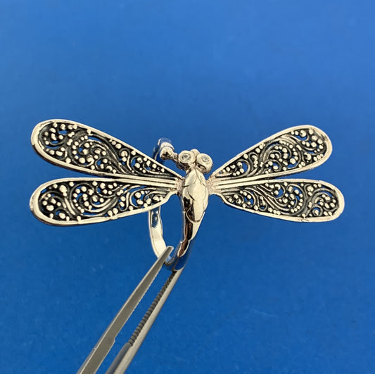 925 Sterling Silver Diamond Balinese Scroll Dragonfly Statement Ring