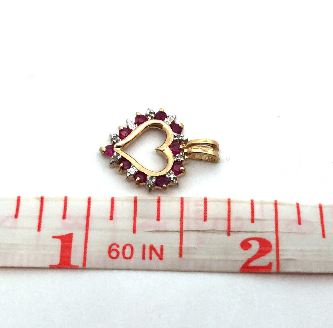 Designer CCC 10K Yellow Gold Round Ruby Diamond Cutout Love Heart Petite Pendant