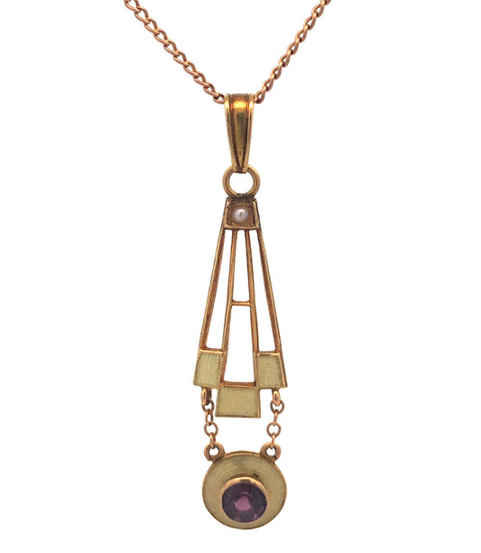 Art Deco 10K 14K  Yellow Gold Amethyst Seed Pearl Enamel Drop Pendant Necklace