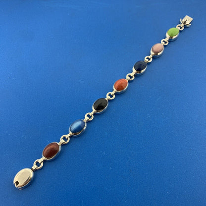 Vintage Mexico Sterling Silver Mixed Gemstone Oval Cabochon Statement Bracelet