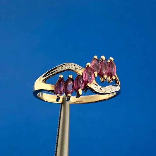 Designer JBNI 14k Yellow Gold Marquise Ruby Diamond Accent Infinity Ring Size 6