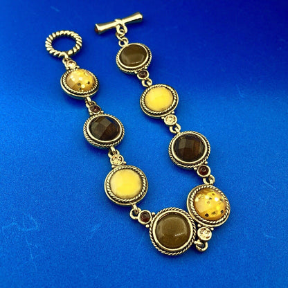 Ladies Gold Tone Brown Gold Amber Fauceted Resin Bead Panel Toggle Bracelet