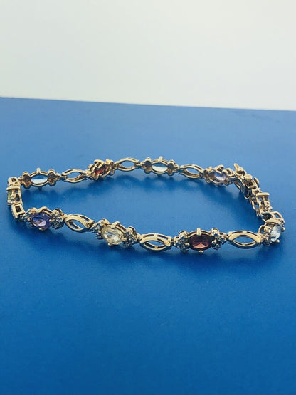 Sterling Silver 925 Vermeil Oval Multi-Gem Station Tennis Bracelet