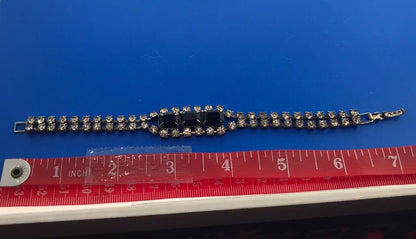 Vintage Silver Tone Rectangle Black Round White Rhinestone Runway Bracelet