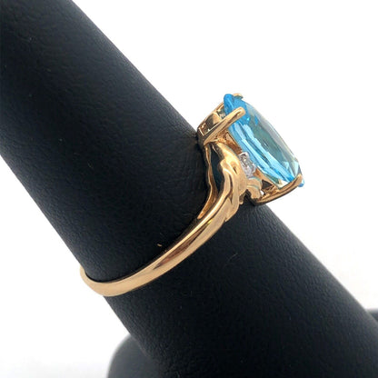 14K Yellow Gold Marquise Blue Topaz Diamond Anniversary Cocktail Statement Ring