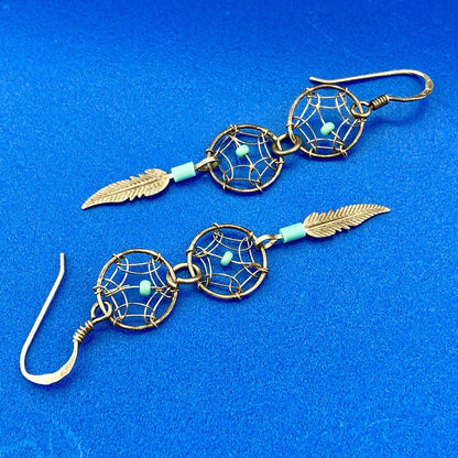 Artisan Sterling Silver 925 Turquoise Intricate Dream Catcher Dangle Earrings