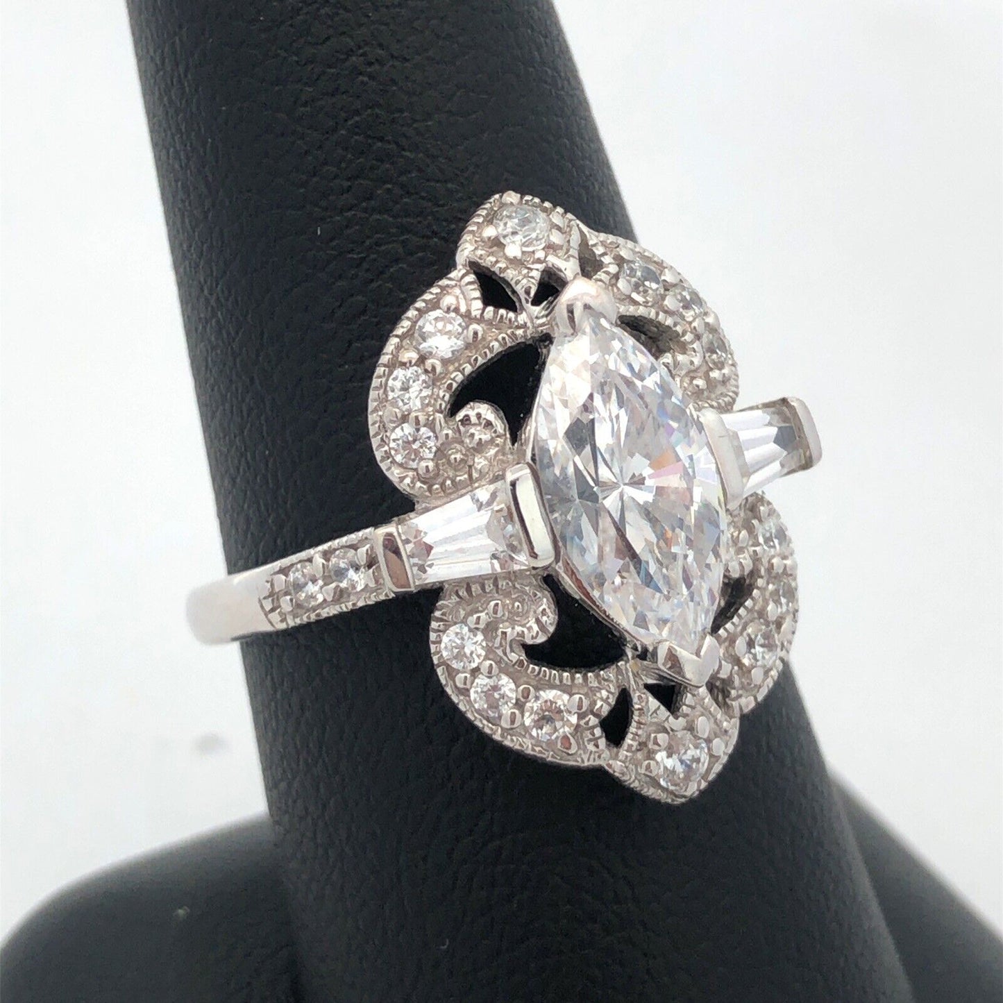 Designer MEDA 14K White Gold Cubic Zirconia Solitaire W/Accents Statement Ring