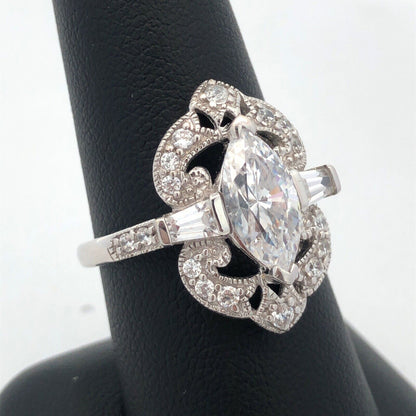 Designer MEDA 14K White Gold Cubic Zirconia Solitaire W/Accents Statement Ring