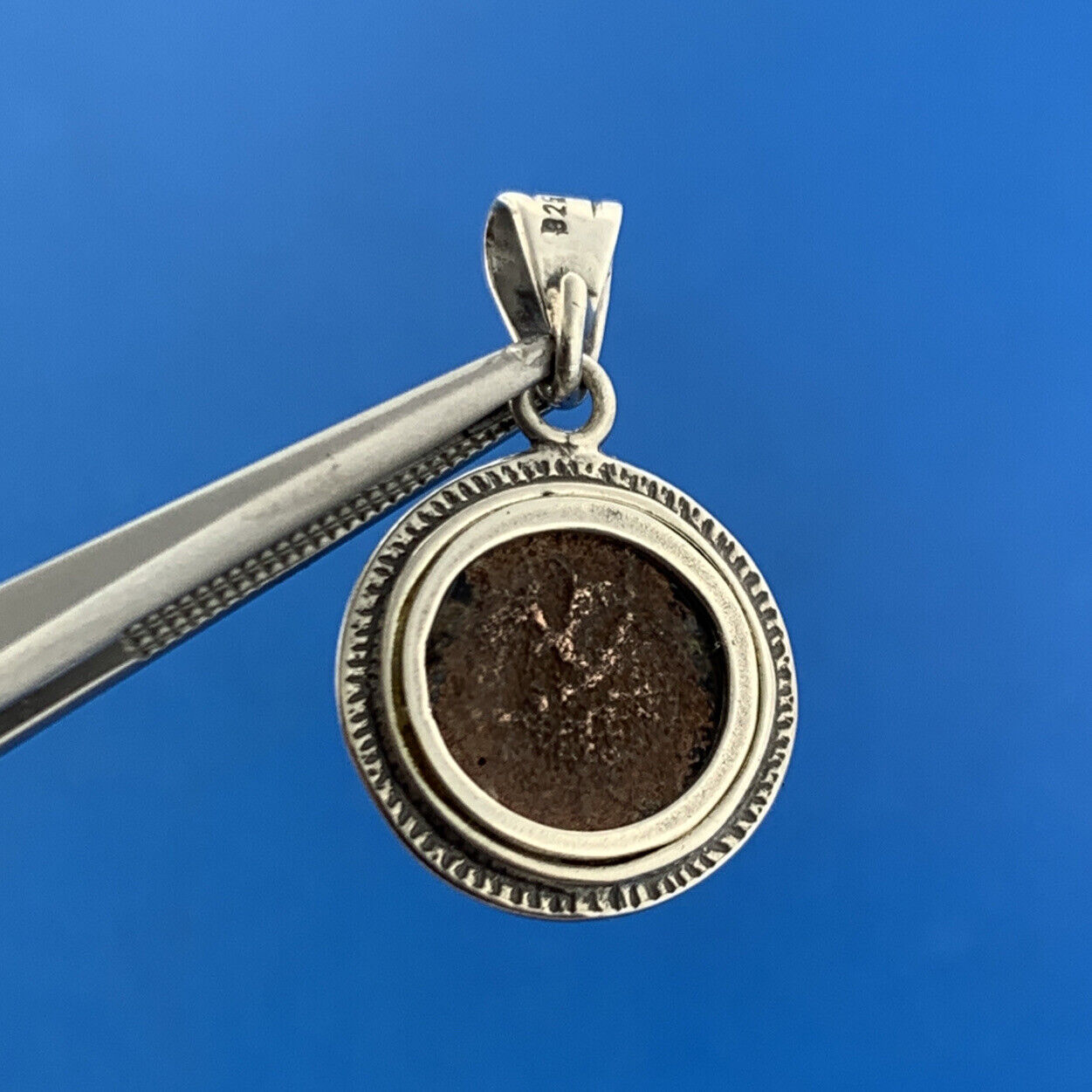 Estate Sterling Silver 925 Unknown Ancient Bronze Coin Dangle Pendant