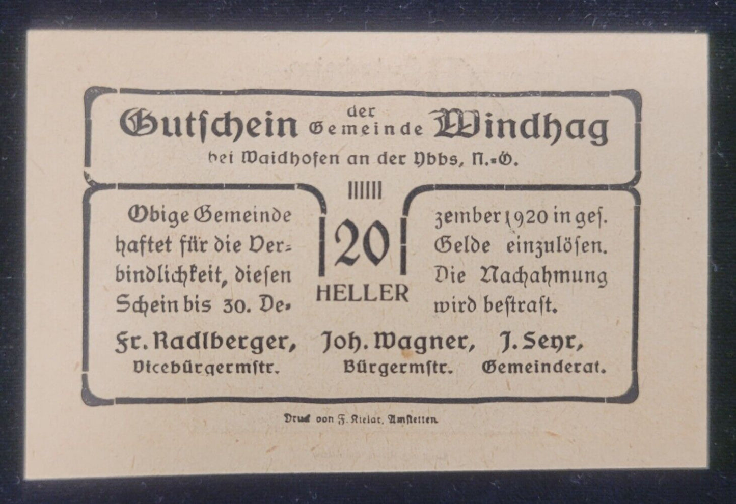 1920 10, 20 & 50 Heller, Windhag Municipality, Austria Obsolete Bank Note Set