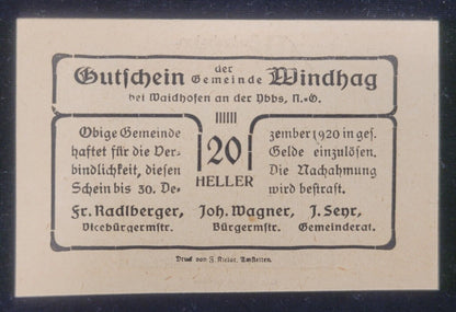 1920 10, 20 & 50 Heller, Windhag Municipality, Austria Obsolete Bank Note Set