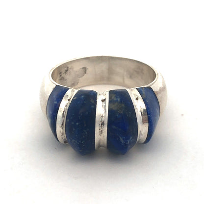 Estate 950 Fine Silver Lapis-Lazuli Modernist Ribbed Dome Size 7.5 Ring