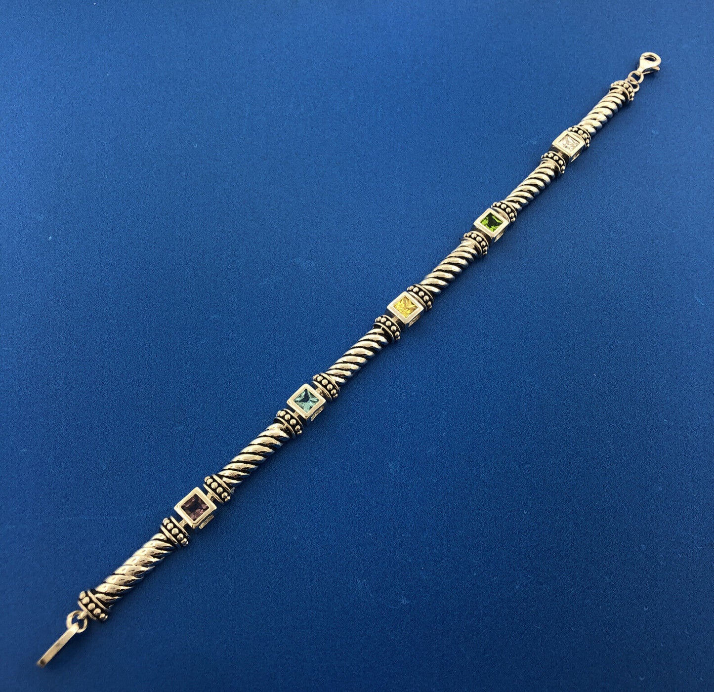 Estate 925 Sterling Silver Princess Cut Multicolor Cubic Zirconia CZ Bracelet