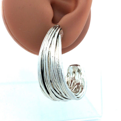 Estate Sterling Silver Textured Ribbed Modernist Drop Dangle Half Hoop Earrings