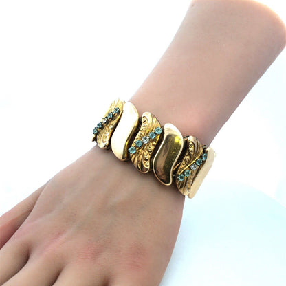 Antique B & N Gold Filled Rhinestone Expandable Wide Cuff Bracelet Original Box