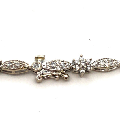 Designer 14K White Gold Round Diamond Flower Floral Textured Tennis Bracelet