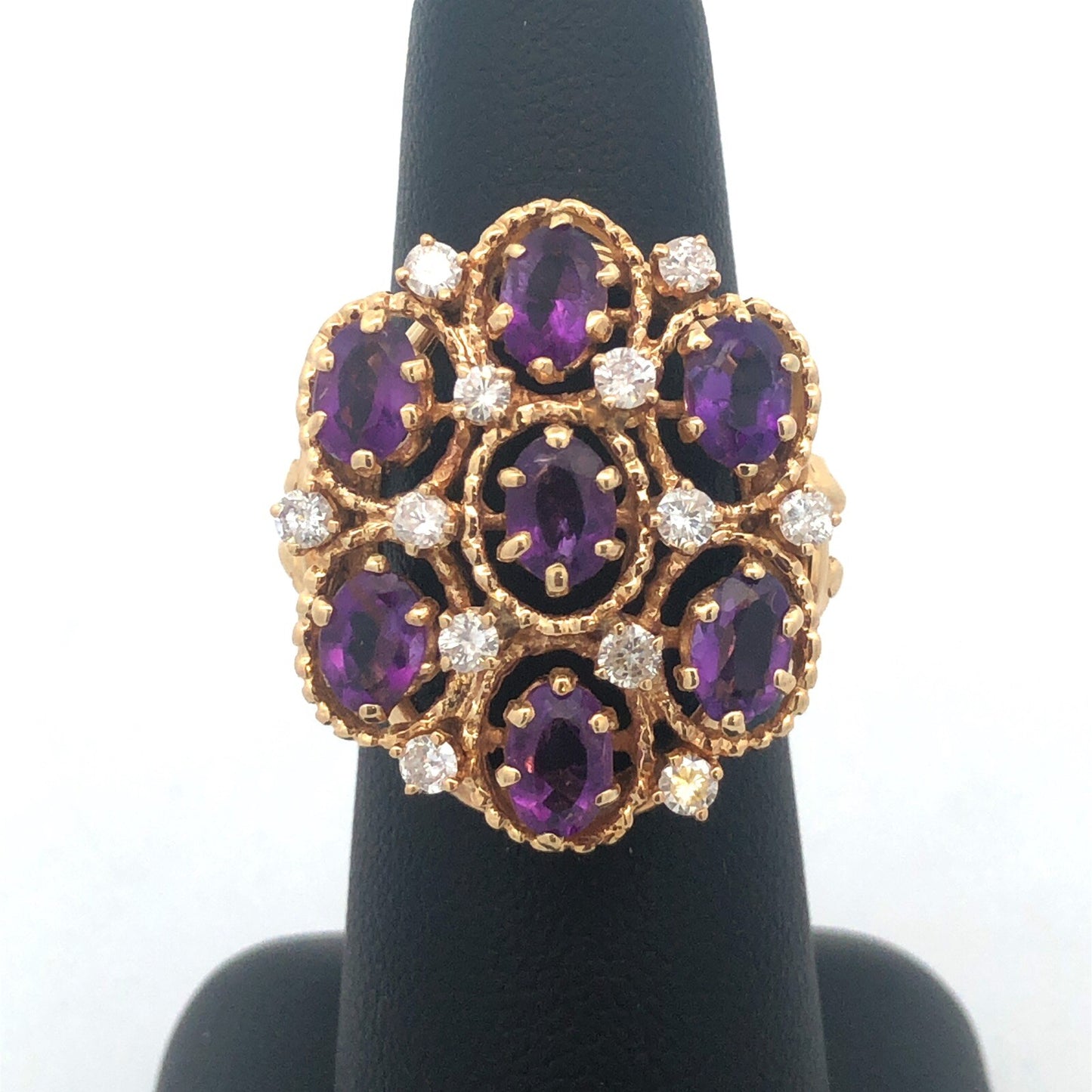 Vintage 14K Yellow Gold Amethyst Diamond Statement Anniversary Cocktail Ring