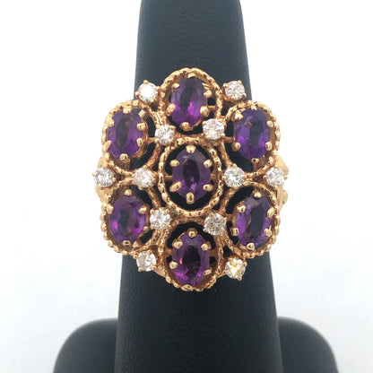 Vintage 14K Yellow Gold Amethyst Diamond Statement Anniversary Cocktail Ring
