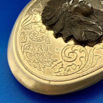 Vintage Brass Bronze Two Tone Scroll 3 Dimensional Indian Head Oval Belt Buckle