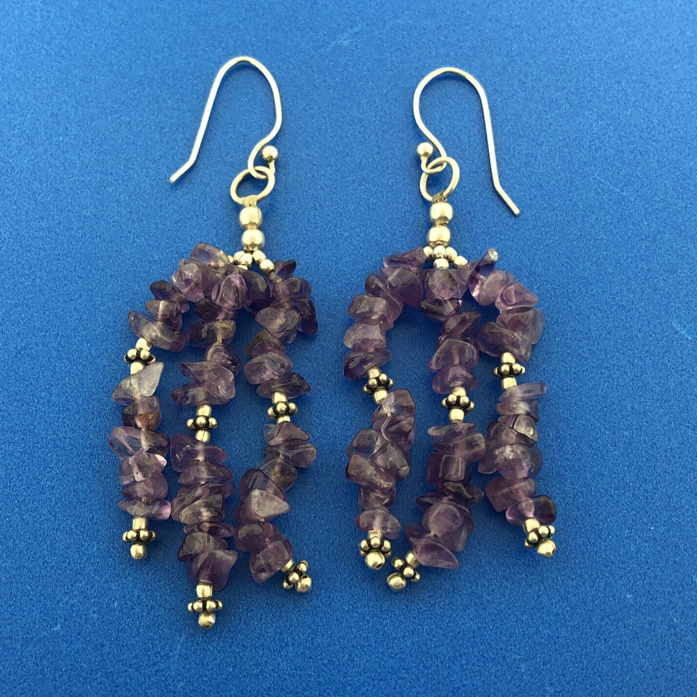 Sterling Silver 925 Amethyst Chunky Bead Long Drop Dangle Hook Earrings