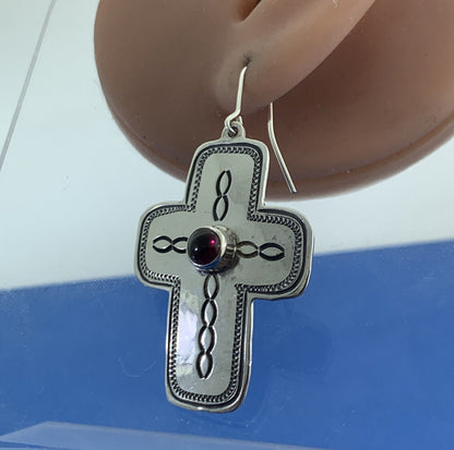 Don Lucas Native American 925 Sterling Silver Garnet Drop Dangle Concho Earrings