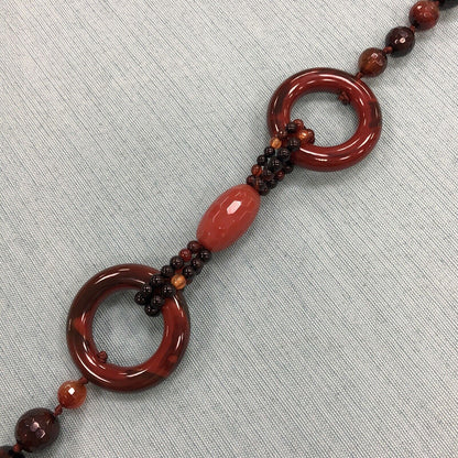 Vintage Designer Hand Knotted Carnelian Obsidian Agate Beaded Statement Necklace