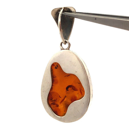 Vintage Estate 925 Sterling Silver Amber Cabochon Modernist Statement Pendant