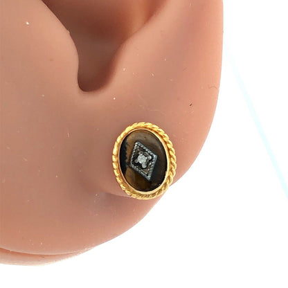 Vintage 14K Yellow Gold Oval Tigers Eye Diamond Accented Stud Earrings