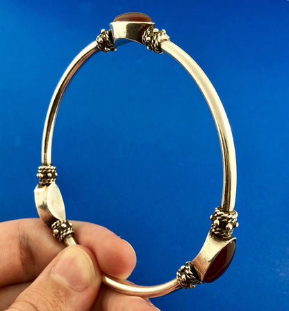 Vintage Designer FAS 925 Sterling Silver Carnelian Station Bead Bangle Bracelet