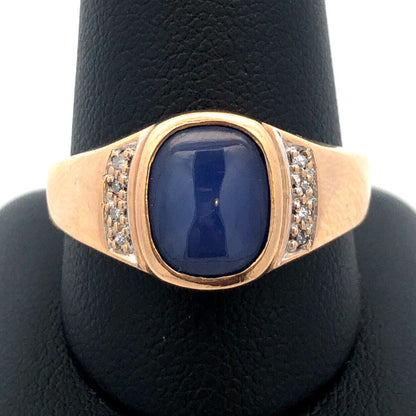 Vintage 10K Yellow Gold Blue Star Sapphire Diamond Unisex Statement Ring