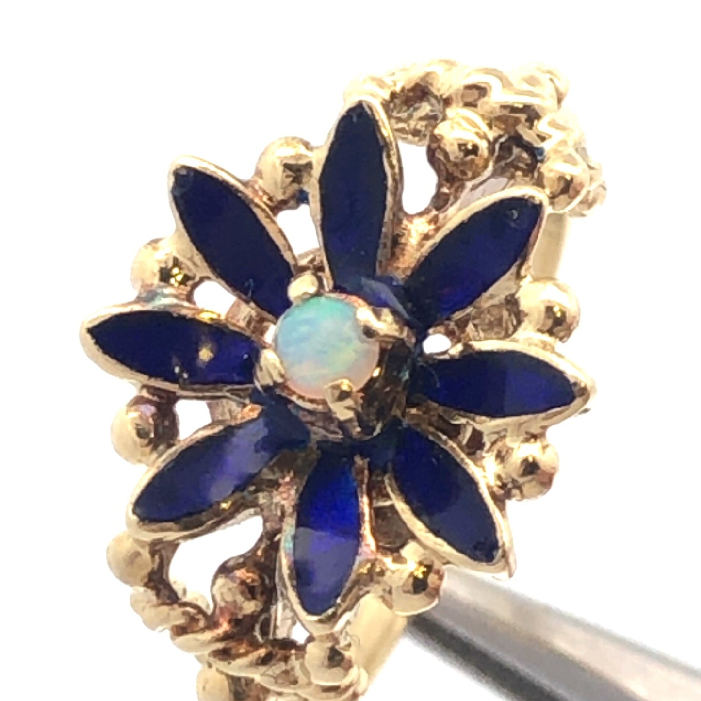 Vintage 14k Yellow Gold Opal and Blue Enamel Flower Ring