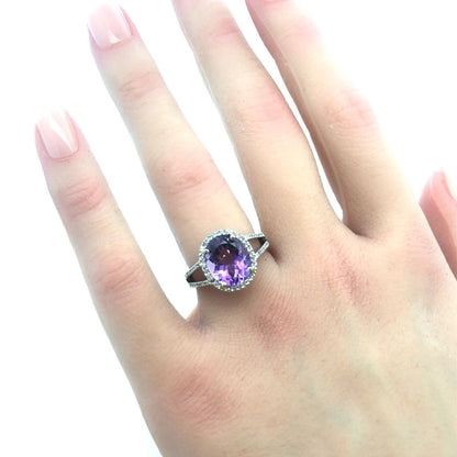 Designer 14K White Gold Oval Amethyst Diamond Halo Wedding Engagement Ring