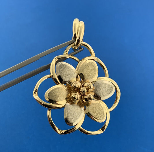 Designer Italy 14K White Yellow Gold Two Toned Brushed Statement Floral Pendant