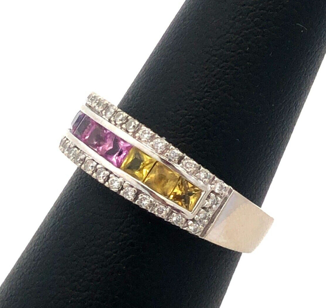 Designer 14K White Gold Multi Gemstone Diamond Mother's Anniversary Band Ring
