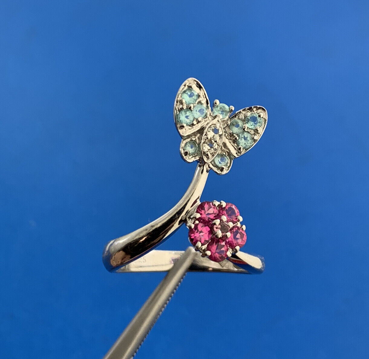 Designer Sterling Silver Pink Blue Cubic Zirconia Butterfly Flower Bypass Ring