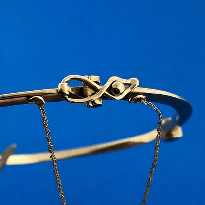 Vintage 14k Yellow Gold Round Cut Diamond Hinged Cuff w/Safety Chain Bracelet