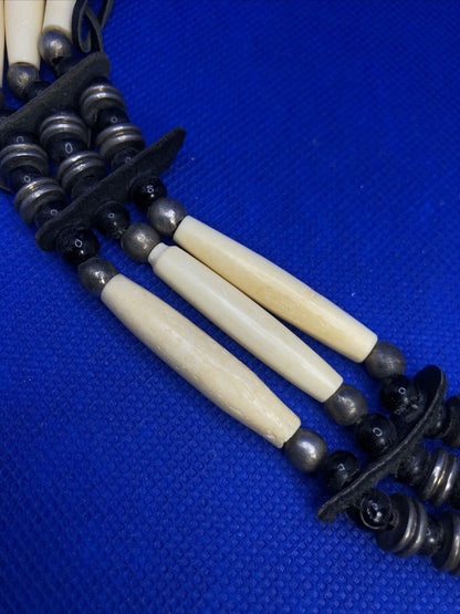 Vintage Native American Scrimshaw Bone Metal Leather Beaded Tie Choker Necklace