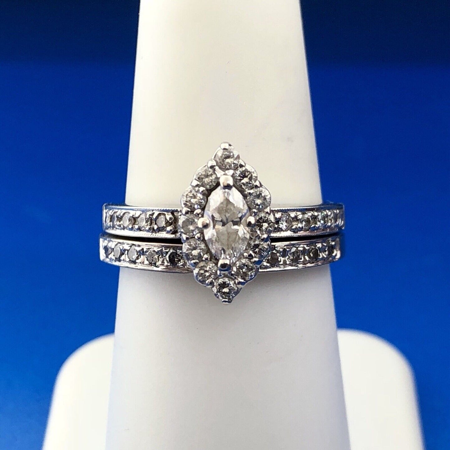 14K White Gold Marquise Solitaire Halo Accents Engagement Ring Band Bridal Set