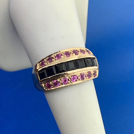 14K Yellow Gold Princess Sapphire Round Ruby Accented Statement Band Ring