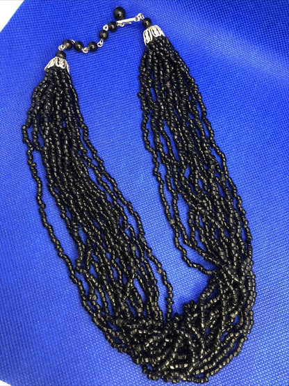 Mid Century Japan Silver Tone Jet Seed Bead Multi Strand Statement Necklace