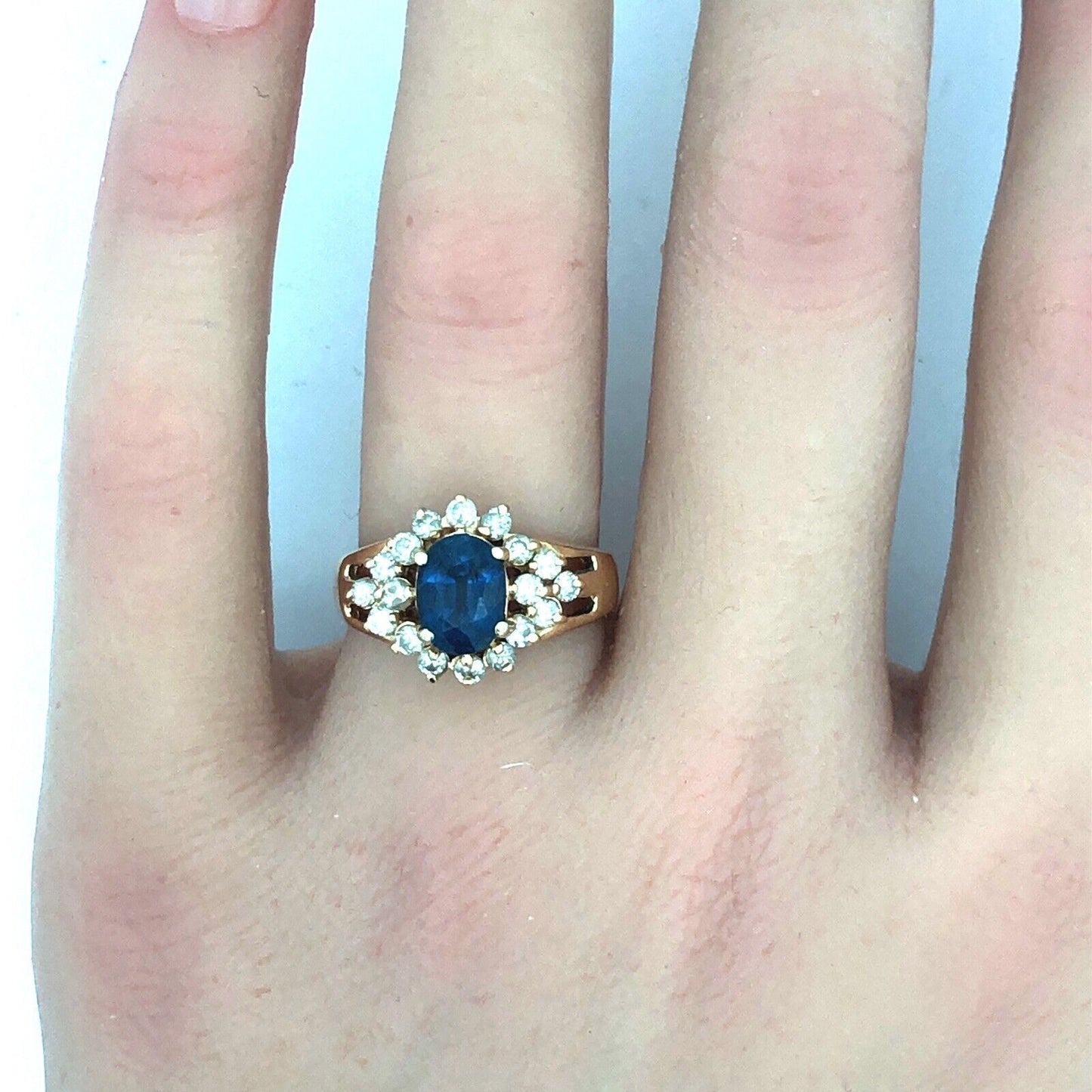 Vintage 14K Yellow Gold Oval Blue Sapphire Round Diamond Halo Anniversary Ring