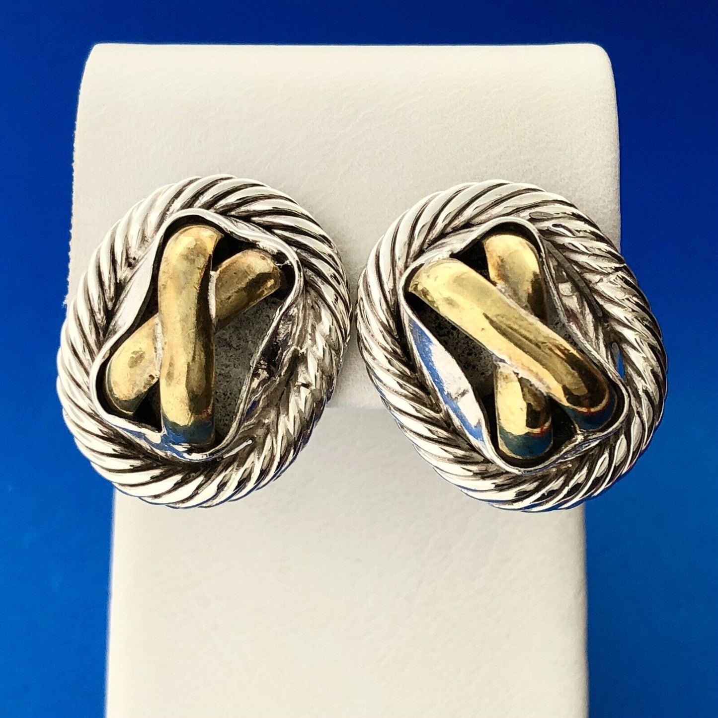 Estate Mexico 925 Sterling Silver Brass Two Tone X O Statement Stud Earrings