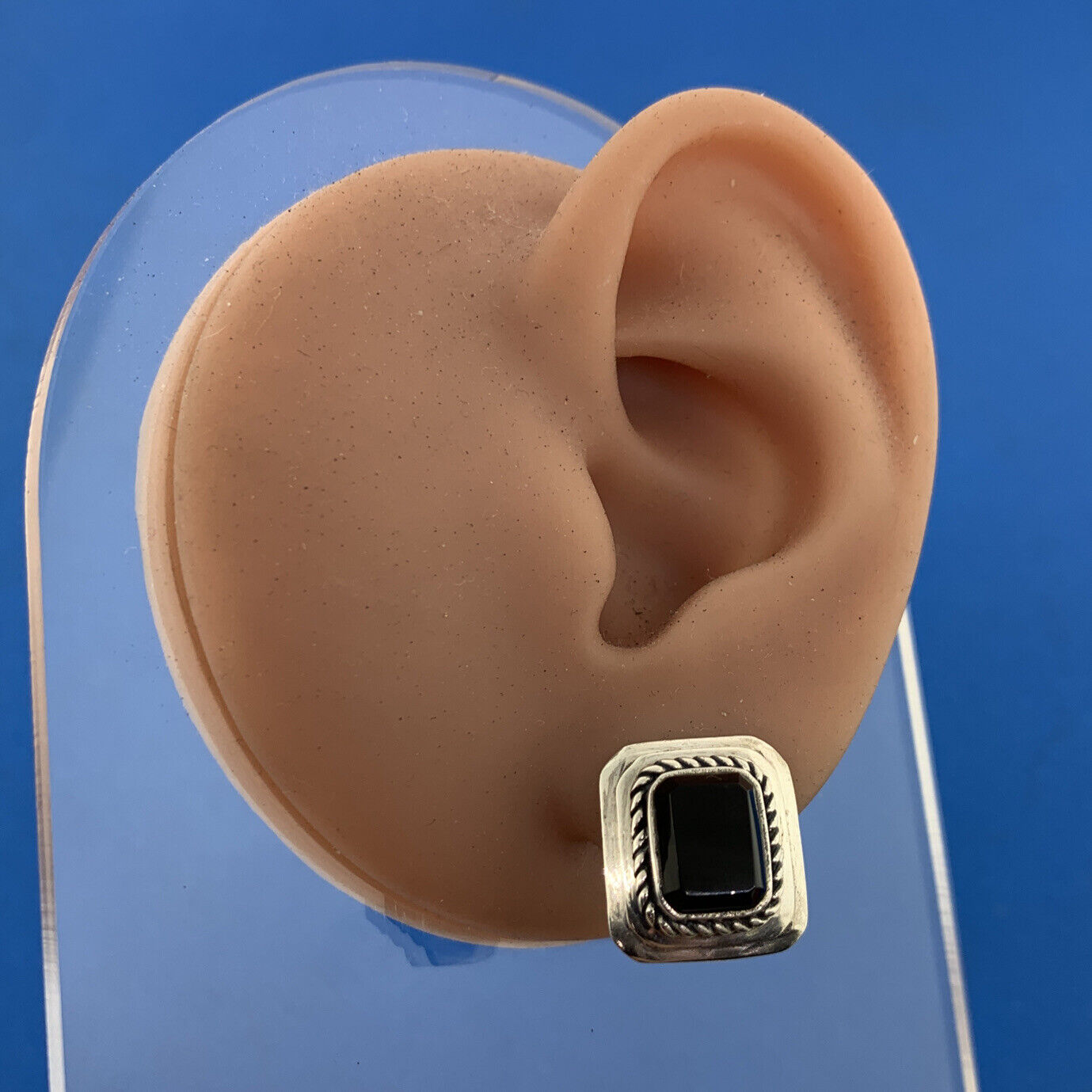 Vintage 925 Sterling Silver Rectangle Black Onyx Statement Stud Earrings