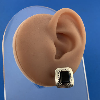 Vintage 925 Sterling Silver Rectangle Black Onyx Statement Stud Earrings